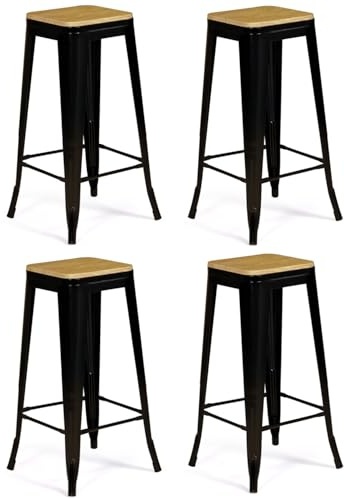 IDMarket - Lot de 4 tabourets de Bar Leny métal Noir Mat Assise Bois empilable Aspect Brut Factory