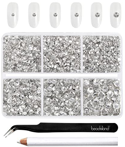 Beadsland 4300 piedras de estrás transparentes con parte trasera plana, piedras redondas de cristal para manualidades, 6 tamaños, con pinzas y juego de lápices de cera, SS6-SS20, cristal blanco