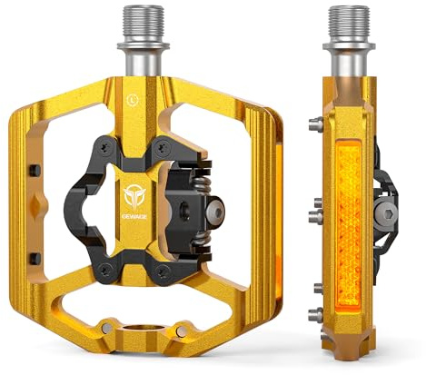 Mountain Bike Pedals with Reflector- Dual Function Plat & Clipless Pedals, Bicycle Pedal 9/16”Compatible with SPD - 3 Sealed Bearings Bicycle Platform Mountain Pedals (Glod)