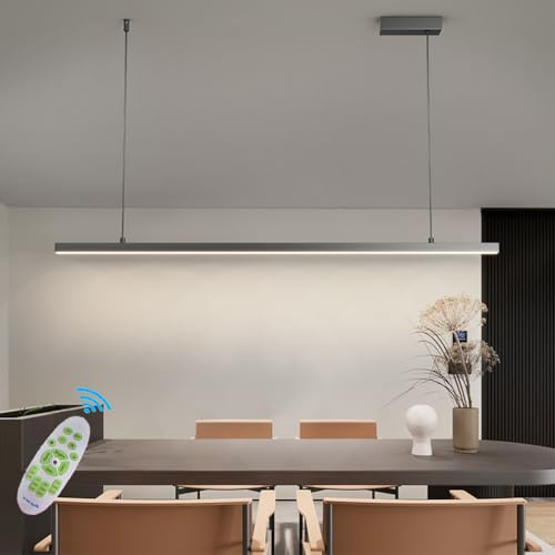 Lanekd Moderne LED Lampe À Suspension Table À Manger Dimmable Lustre Linéaire Avec Télécommande Cuisine Suspension Luminaire Pour Salon Bureau Salle à Manger Plafonnier (Noir, L150CM)