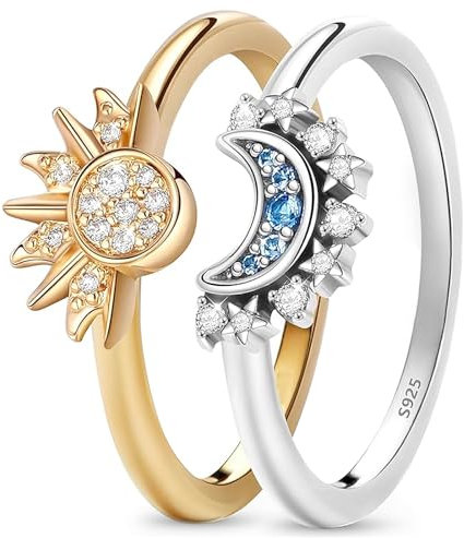 Gloryit Sonne Mond Ring-Set: Gold & Silber 925, Himmlische Ringe - Stapelbare Himmelsringe, Funkelnder Sonnenring, Damen Matching Rings