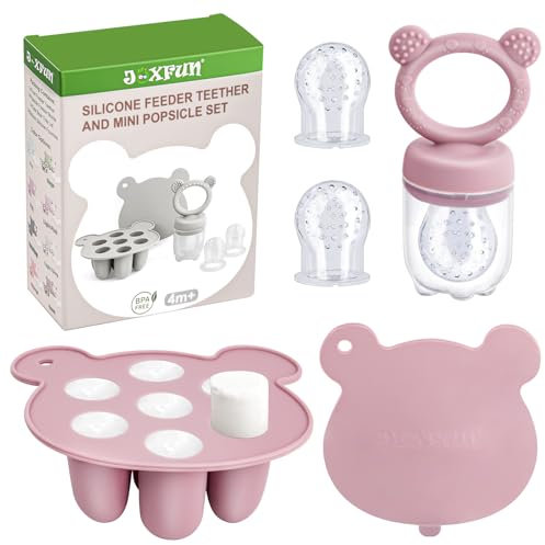 JEXFUN Fruchtsauger Baby ab 6 Monate, Obstschnuller für Babys mit Silikone Babynahrung Aufbewahrung Tablett, Zahnungshilfe Baby Kühlend, 3 Größen für Kleinkinder von 3 bis 24 Monaten, BPA-frei-Rosa
