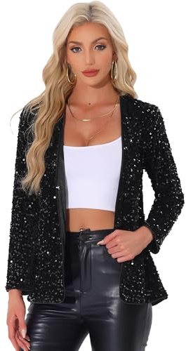 Allegra K Blazer à Paillettes pour Femme Gilet à Sequin Ouverte sur Le Devant Manches Longues Veste de Soirée Disco Cardigan Scintillant Noir S