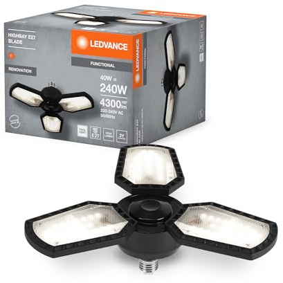 LEDVANCE Highbay Blade Deckenlampe in Schwarz, mit verstellbaren Lichtflügeln, bietet 40W bzw. 4300 lm in 840 neutralweiß mit 4000K. E27 Schraubgewinde, frosted. 337.50 mm.