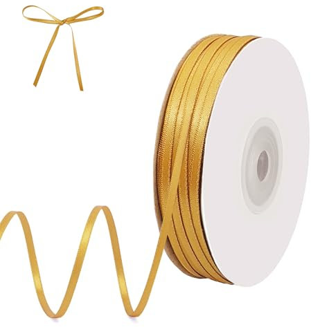 qingmeng Satinband Gold, 91m Geschenkband Gold Breit, 3mm Schleifenband, Geschenkband Hochzeit Stoff, Goldenes Geschenk Band Geschenkbänder für Taufe Geburtstag Deko Geschenkverpackung