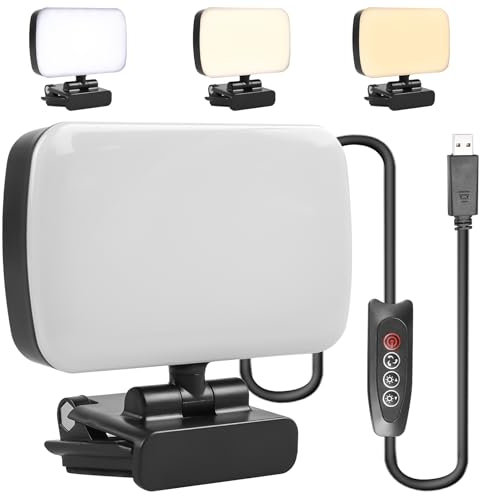 Iluminación LED 120 para videoconferencia y cámara web con clip, luz webcam - 10 niveles de brillo, 3 colores, rotación de 360 ° - Luz selfie para PC, ordenador portátil, teléfono móvil