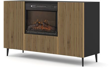 Homlando BIM Furniture Ravenna F 140 cm 2D1K - Cómoda con chimenea eléctrica (tablero de fibra de densidad media, armario multiusos, para salón, color negro mate/roble artífico)