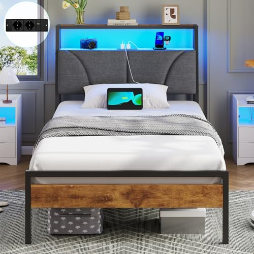 Brinlawb Cama 90x190 cm con regleta de enchufes integrada (2 Tomas de Corriente AC y 2 Puertos USB) Tira de luz LED, Somier 90 x 190 cm, Cama Individual con Estructura de Metal y cabecero. Gris