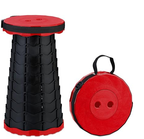 Relaxdays Teleskophocker, faltbar, Tragegurt, Outdoor, höhenverstellbarer Campinghocker, HBT 44,5x25x25 cm, rot/schwarz