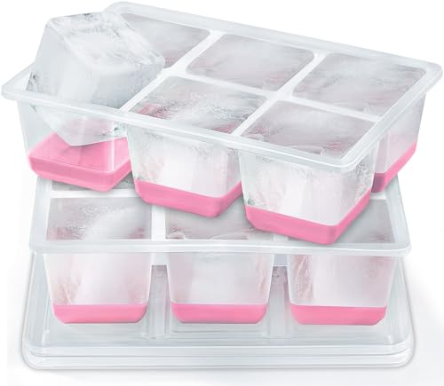 6CM Cubiteras para Hielo con Tapa, Grande y Transparente, JRISBO Molde Hielo Silicona Libre de BPA & Fácil Desmoldar, XXL Cubitera Hielo Grande Ice Cube Tray para Cóctel Whisky (2 Rosas)