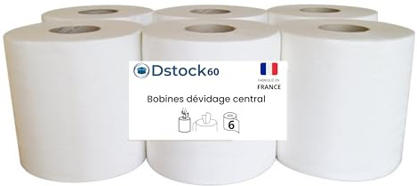 DSTOCK60 - Bobines Essuie-Mains à Dévidage Central – Papier 2 Plis – 450 Feuilles 20x20 cm – Ø17cm – Mandrin Prédécoupé 6,5cm – Rouleau Hauteur 20cm (x 1 colis = 6 rouleaux)