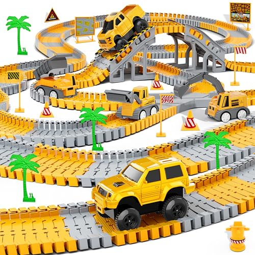 253Pcs Construction Race Track Toy with 5 Trucks & Cars for Boys Girls