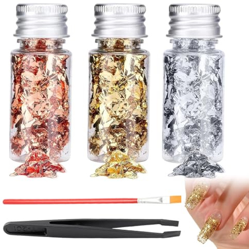 QEXUJOW Foglie oro e metalli in foglia per hobby creativi,3 bottiglie di foglia d'oro con pennello e pinzette, adatte per pittura, artigianato e nail design, oro/argento/oro rosa