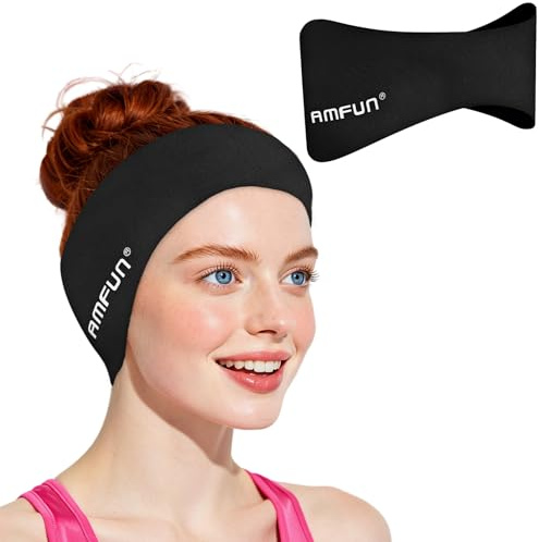 AMFUN Fascia Nuoto, Elastica Fascia di Protezione per Orecchi da Nuoto, Fascia Impermeabile per Nuotare, Tiene Fermi i Tappi per Le Orecchie, Nero (M)