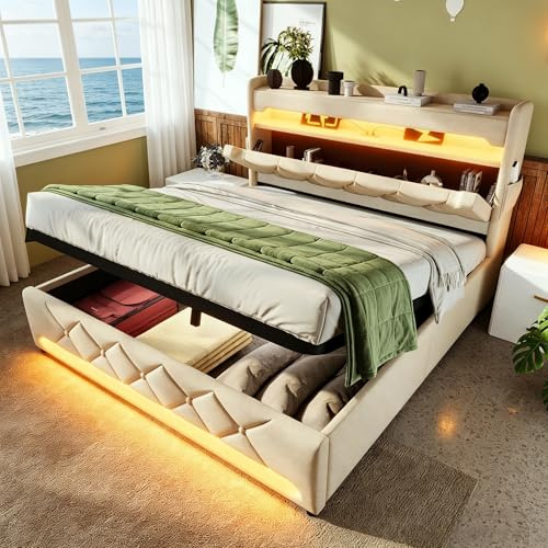 King Size Ottoman Bed Frame with LED Concealed Storage Headboard, 5ft Upholstered Platform Bed Frame with USB Type-C Charging, Hydraulic Gas Lift Up Fabric Storage Bed with Slats, Beige, No Mattress
