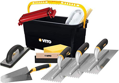 VITO Fliesenleger Set Waschset Profi Fliesenleger Werkzeugset 10-teilig 23L Eimer 3 Zahnglättekellen Rostfrei Edelstahl Gezahnt Glättekelle Made in EU Qualität von VITO (Fliesenleger Set 1)