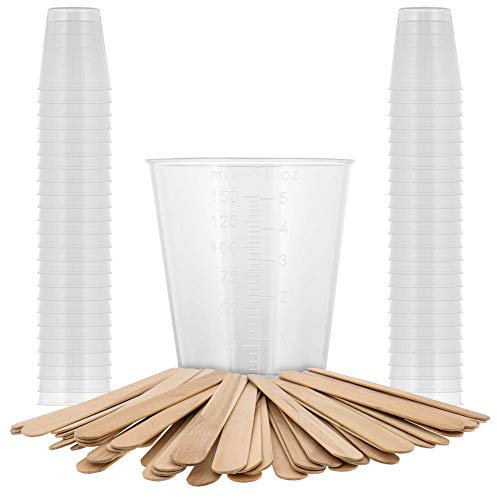 Pouring Masters 5 Oz (150 ml) Liquid Measuring Cups - Plastic Graduated Cup (50 Pack) with 25 Sticks - Reusable Mixing Cups for Paint, Craft, Kitchen, Lab, Medical Supplies, Epoxy Resin, Art