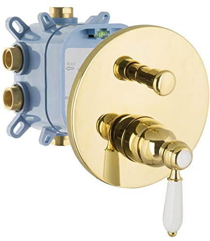 PaulGurkes Gold Unterputzarmatur 2-Wege Einhandmischer mit Montagebox Retro Nostalgie 2 Verbraucher Wannenarmatur Duscharmatur Unterputz mit Umsteller massives Messing Einbaubox