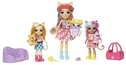 Enchantimals HHC11 - City Tails Siam-Katzen Spielset mit Katzen-Mädchen Carmel Cat Puppe, 2 kleinen Schwestern, 3 Katzen-Figuren, inklusive Zubehör, Spielzeug für Kinder ab 4 Jahren