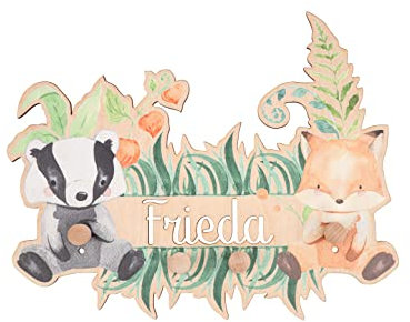 Personalisierte Kindergarderobe 'Waldkinder' aus Buchenholz mit vier Kleiderhaken, Garderobe für Kinder mit Wunschnamen, Motiv Tierkinder, Dachs, Fuchs, ca. 35 x 28 cm