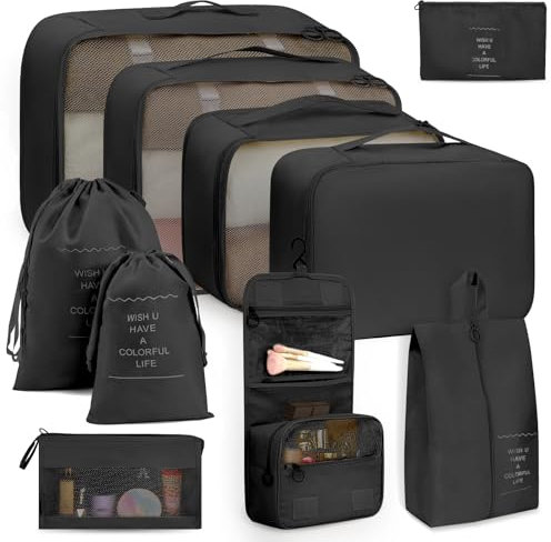 Anjing koffer Organizer 10-teilig, Packing Cubes, leichte Reisegepäck-Organizer, wasserdicht, platzsparend, Packwürfel für Koffer, travel organizer, Schwarz