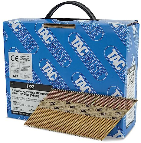 TACWISE 1723 Extra verzinkte Rahmennägel, 3,1/90 mm, D-Kopf, Ringschaft, 34°-Neigung, papiergebunden, 1600 Stück, Silber