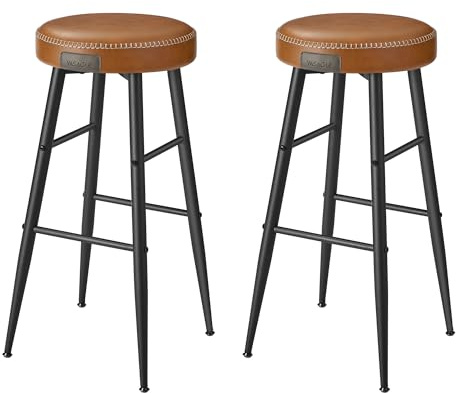 VASAGLE EKHO Collection - Bar Stools Set of 2, Kitchen Counter, Breakfast, Synthetic Leather with Stitching, Mid-Century Modern, 76.2 cm Tall, Home Bar, Easy Assembly, Caramel Brown
