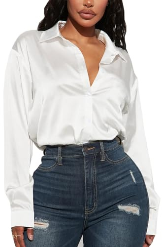 Navneet Women Blouses Satin Button Down Long Sleeve Shirts Collar Blouses Casual Office Wear Work Tops Going Out TopsWhite L