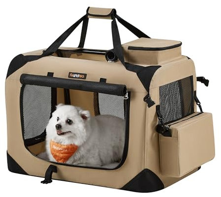Feandrea Hundebox faltbar, Transportbox Hund, M, Hundetasche, Oxford-Gewebe, Netzstoff, atmungsaktiv tragbar transportabel, Metallrahmen, mit Griffen, Taschen, 60 x 42 x 42 cm, Kamelbraun PDC060K01