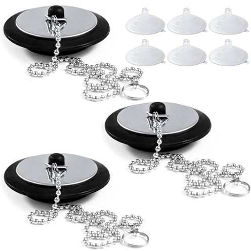 SSKHE Lot de 3 bouchons de baignoire universels de rechange avec chaîne en acier inoxydable pour salle de bain et cuisine avec 6 ventouses (4,2 cm à 4,5 cm)