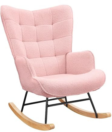 Lazyspace Schaukelstuhl Relaxsessel Stillsessel Schaukelsessel Wohnzimmersessel Schwingsessel mit Metallgestell und Holzsockel, Belastbarkeit Bis 130 Kg, Teddystoff, Rosa, 75 x 68 x 92 cm