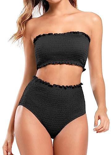 SHEKINI Women's Smocked Bikini Set High Waisted Bandeau Swimsuit Padded Tummy Control Two Pieces Bathing Suits, Black, XX-Large