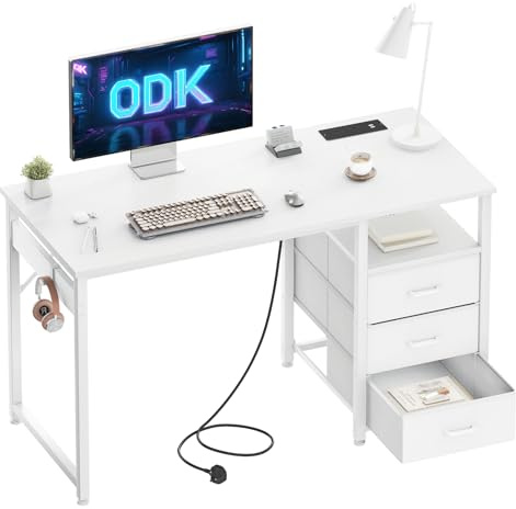 ODK 120cm Computer Desk with Drawers, Office Desk with 2 Sockets & USB Ports, Reversible PC Table with Storage, Study Table for Home Office & Bedroom, White