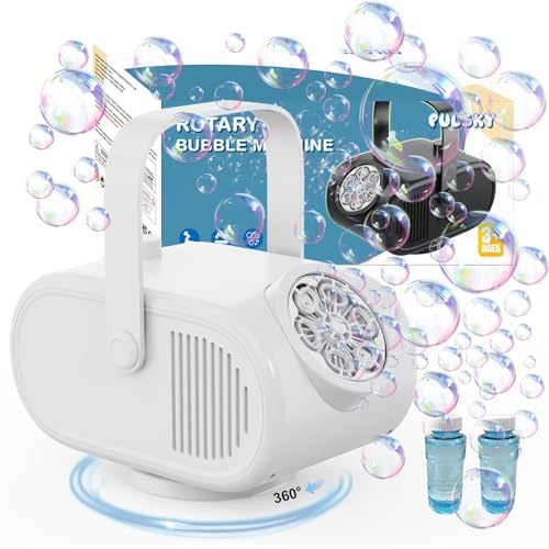 Machine à Bulles Blanche, 90°/180°/360°Automatique,Rechargeable, 3 Vitesses, Plus De 22 000 Bulles par Minute, Idéale pour Les Fêtes d'enfants, Les Anniversaires, Les Mariages Et Le Camping