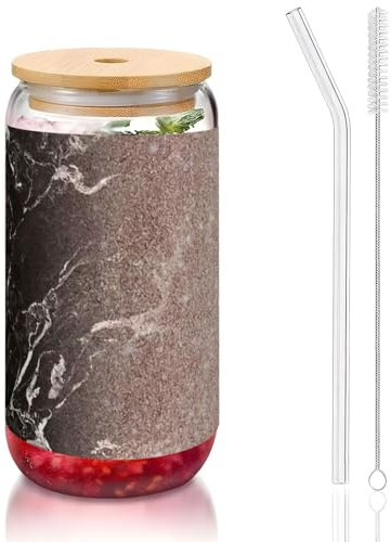 JEJEA Marble Color Rose Gold Glass Cups with Bamboo Lids and Straws,Coffee Cup,Can Shaped Cups,Glasses,Cocktail, Transparent