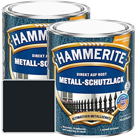 Hammerite Metall-Schutzlack glänzend Grundierung Rostschutz schwarz Sparpaket, 2 x 750ml