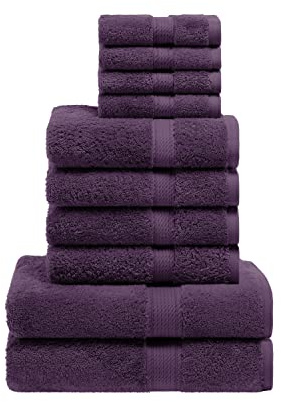 Superior Egyptian Cotton Solid Towel Set, Washcloths 13” x 13”, Hand Towels 20” x 30”, Bath Towels 30” x 55, 800 GSM, Plum, 10-Pieces