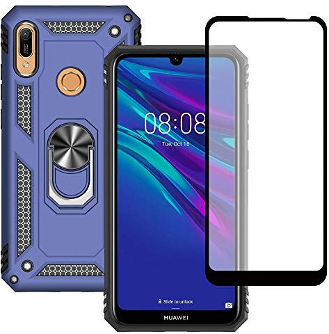 Yiakeng Hülle für Huawei Y6 2019 Handyhülle, mit Schutzfolie, Stoßfest Schutzhülle Mit Ring Standfunktion Case Cover für Huawei Y6 2019 (Blau)