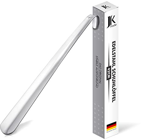 JK Trade® 42cm STABIL Rostfritt stål Skohorn Lång | Skohorn i rostfritt stål långt för att stå | Snabbt och ryggvänligt | Optimerad Längd och bredd | Skohorn | Företag | Hängande skägg