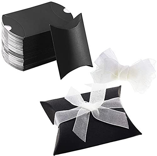 50 Stück Party Geschenk Box, Kissen Papier Candy Boxen, Kleine Geschenkboxen in Kissenform Mit Seil für Hochzeit, Party, Weihnachten (Schwarz)