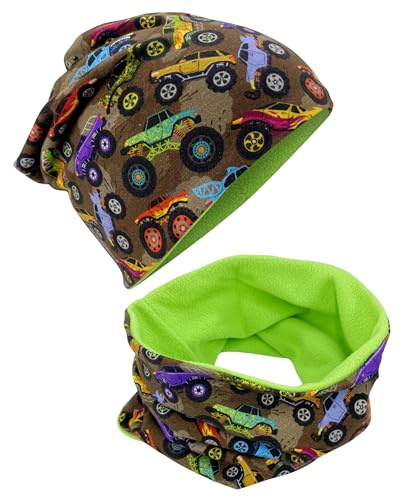 HECKBO Set Beanie e sciarpa Monster Truck – 2-8 anni – 95% cotone – stretch – pile – berretto invernale design auto fatto a mano (48–54 cm)