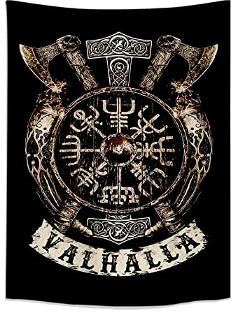 Arsey Wikinger Deko Wandteppich Vegvisir Achsen Hammer Valhalla Wand Tuch Nordische Mythologie Fathurk Wandbehang Gothic Aesthetic DekoTapisserie Klein Schwarz 150 x130cm