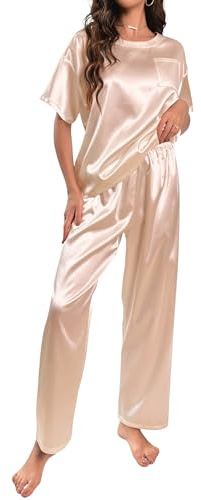 HANERDUN Pijama Mujer Verano Primavera Pijama Stitch 2 Pcs Pijama de Seda Conjunto de Satén Camisa de Manga Corta Pantalones