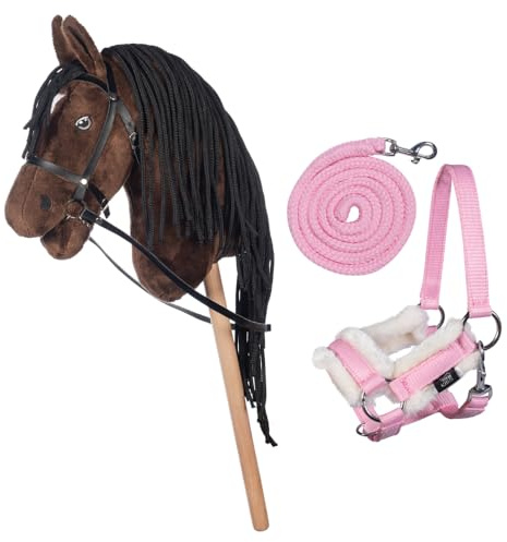 HKM Kids Hobby Horse, Braun, mit Halfter und Führstrick in Rosa, Steckenpferd für Kinder, Pferde Spielzeug