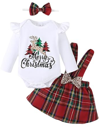 UUAISSO Bébé Fille Vêtements De Noël Barboteuse À Manches Longues Bretelles Jupe À Carreaux Ensemble Tenue Nouveau-Né Blanc 3-6 mois