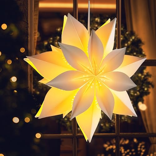 EANLOLY Pappersstjärna LED, Julstjärna Dekoration för Fönster, Hängande Pappersstjärna med Belysning, Julbelysning, Adventsstjärna, LED Julbelysning inomhus, Vit - 60 cm