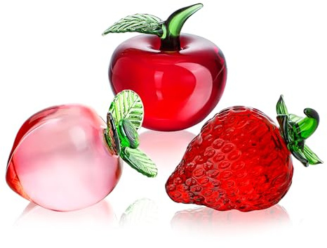 KRISININE Set mit 3 Kristallfrüchten, Dekoration für Zuhause, Küche, Glas, rote Erdbeere, Apfel, Pfirsichfrucht, Dekoration, für Hochzeit, Geburtstag, Tischdekoration