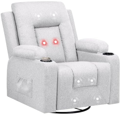 COMHOMA Relaxfåtölj av tyg för vardagsrum med manuellt justerbart ryggstöd, utdragbart fotstöd, 360° vridfunktion, mugghållare, sidofickor och ergonomisk design, ljusgrå