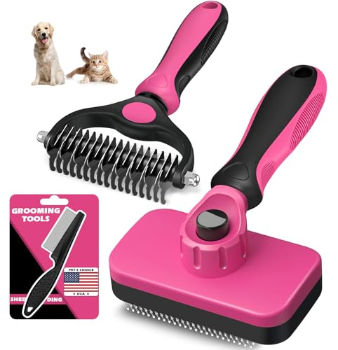 3PCS Self Cleaning Slicker Brush & Pet Grooming Rake & Flea Comb for Dogs,Cats and Horses | Double-Sided Dematting Comb & Skin Friendly Deshedding Grooming Tool (Red)