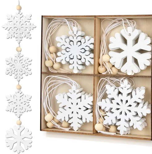 Natale Fiocchi di Neve in Legno, Ornamenti Natalizi da Appendere, Retro Decorazioni Pendenti Legno Natalizi Appeso Addobbi, per Albero di Natale Fai da Te, Feste Festival - 24 pezzi, bianco
